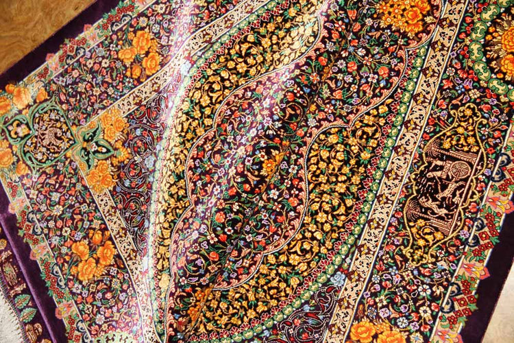 最高級手織りセンターラグ、クムシルクのペルシャ絨毯60022,サイズ：146x100 CM (フサ含まず））