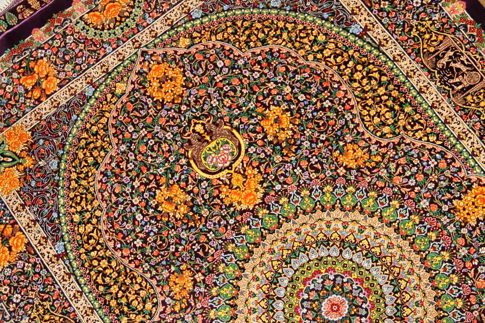 最高級手織りセンターラグ、クムシルクのペルシャ絨毯60022,サイズ：146x100 CM (フサ含まず））