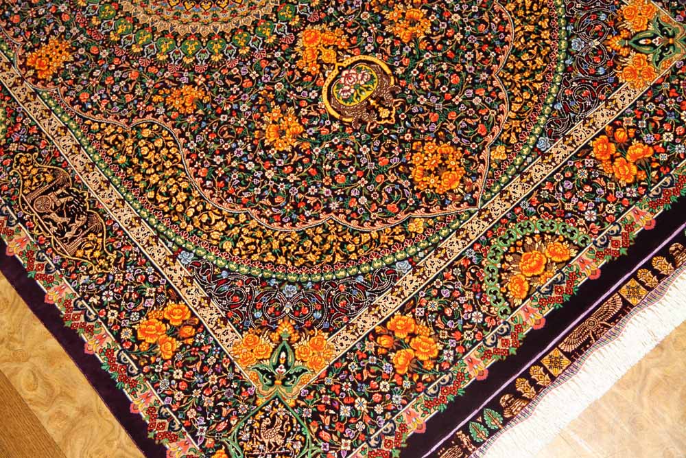 最高級手織りセンターラグ、クムシルクのペルシャ絨毯60022,サイズ：146x100 CM (フサ含まず））
