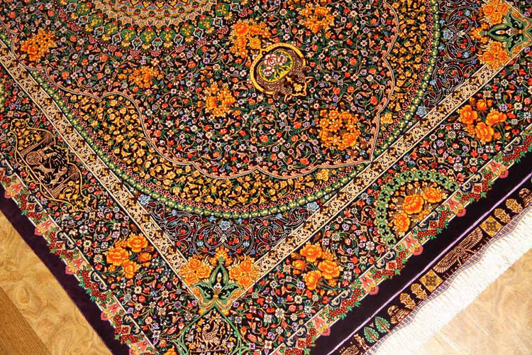 最高級手織りセンターラグ、クムシルクのペルシャ絨毯60022,サイズ：146x100 CM (フサ含まず））