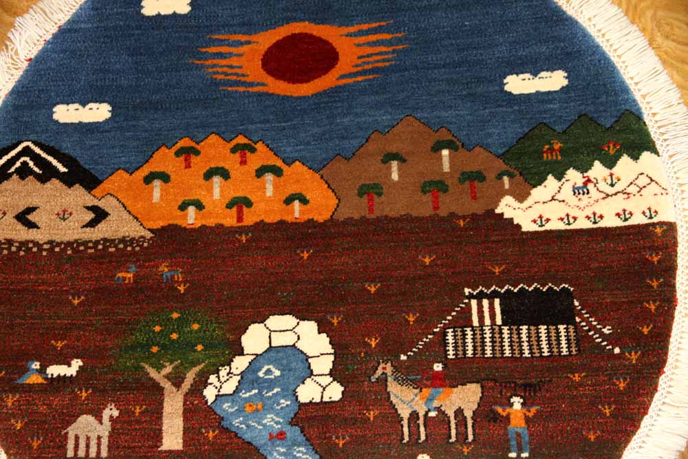 おしゃれ丸ギャッベ、手織りオリジナルペルシャギャッベ37172 , サイズ：100x100 CM