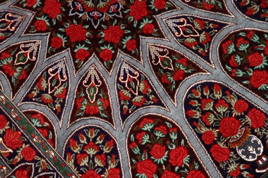 珍しいデザインの玄関マットシルクペルシャ絨毯56042、工房：RAHIMI、サイズ： 91x60 CM