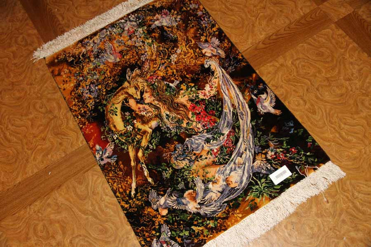 ペルシャ絨毯のタブリーズ珍しいピクチャー模様55355、サイズ：97x68ｃｍ（フサ含まず）