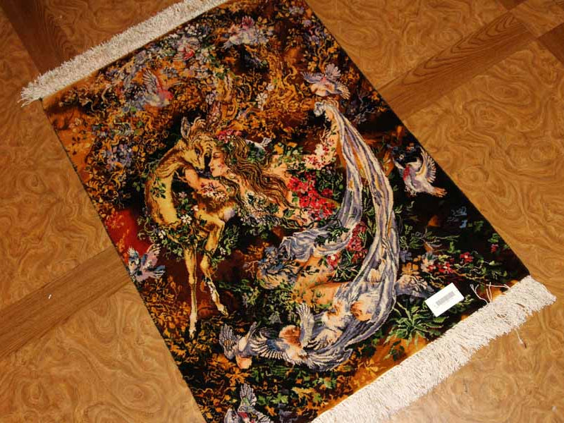 ペルシャ絨毯のタブリーズ珍しいピクチャー模様55355、サイズ：97x68ｃｍ（フサ含まず）