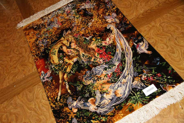 ペルシャ絨毯のタブリーズ珍しいピクチャー模様55355、サイズ：97x68ｃｍ（フサ含まず）