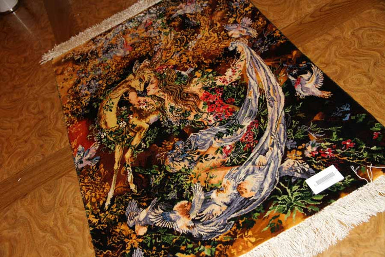 ペルシャ絨毯のタブリーズ珍しいピクチャー模様55355、サイズ：97x68ｃｍ（フサ含まず）