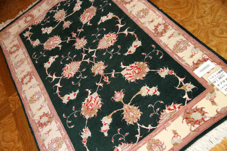 輸入手織りペルシャ絨毯タブリーズ、ウール＆シルク3075、サイズ：123x75ｃｍ（フサ含まず）