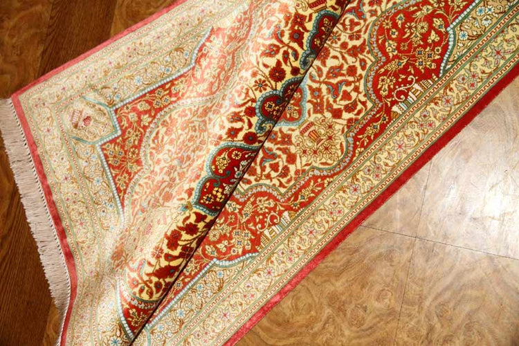 暖かい色合いのシルク玄関マットペルシャ絨毯56016、サイズ： 93x58、サイズ： 93x58