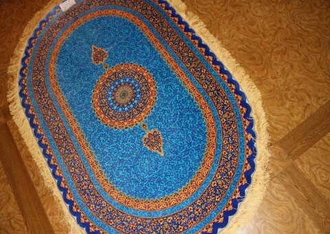 最高級手織りペルシャ絨毯シルクの楕円形、綺麗なブルー146390