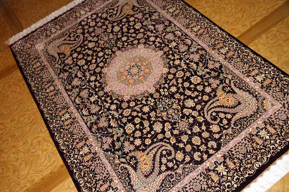 最高級 手織り ペルシャ絨毯 絹シルク 100% Qom リビングサイズ クム産 絨毯バッグ付 大サイズ